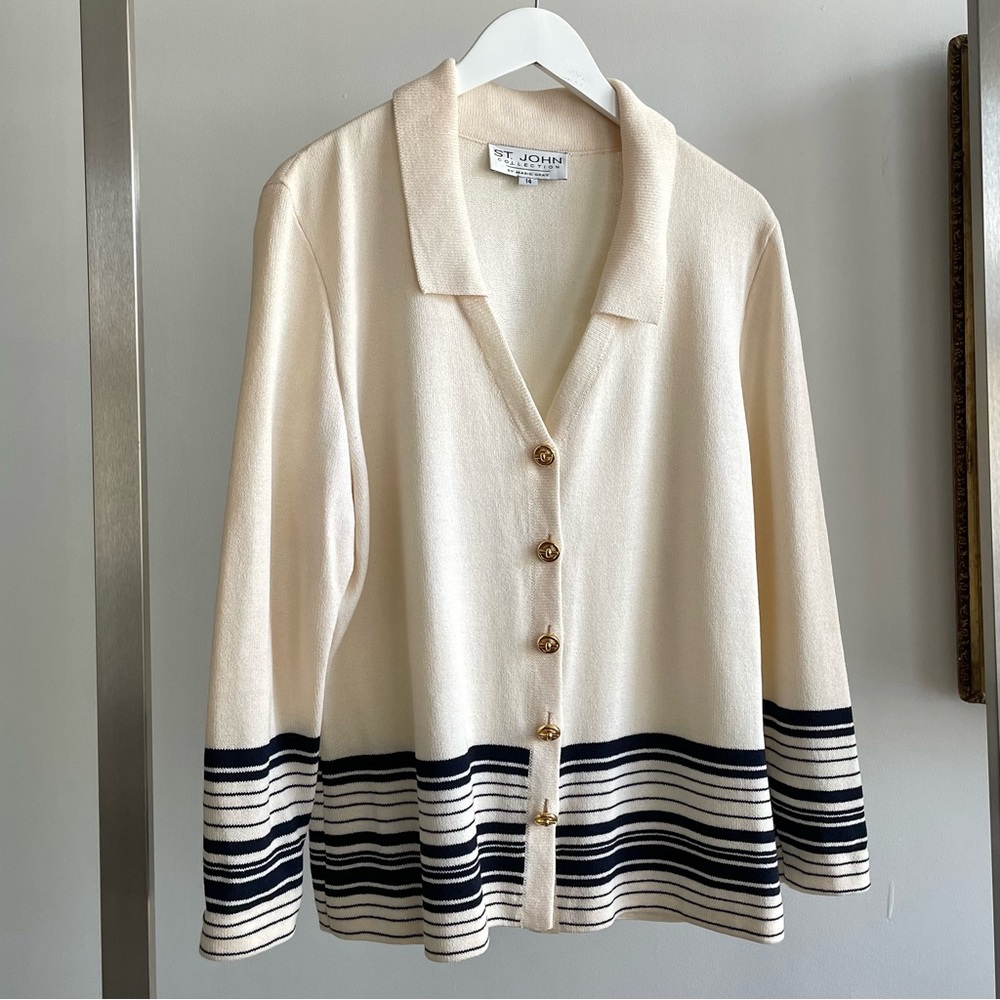 St. John Collection Vintage Nautical Cream & Navy Knit Collared Cardigan